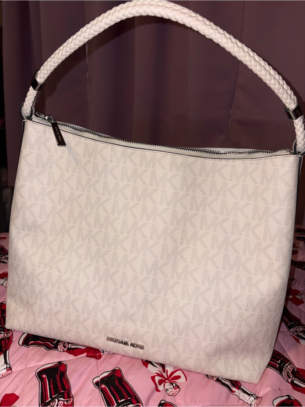 Pre loved / lightly used Michael Kors Cream Signature Braided-Handle Hobo